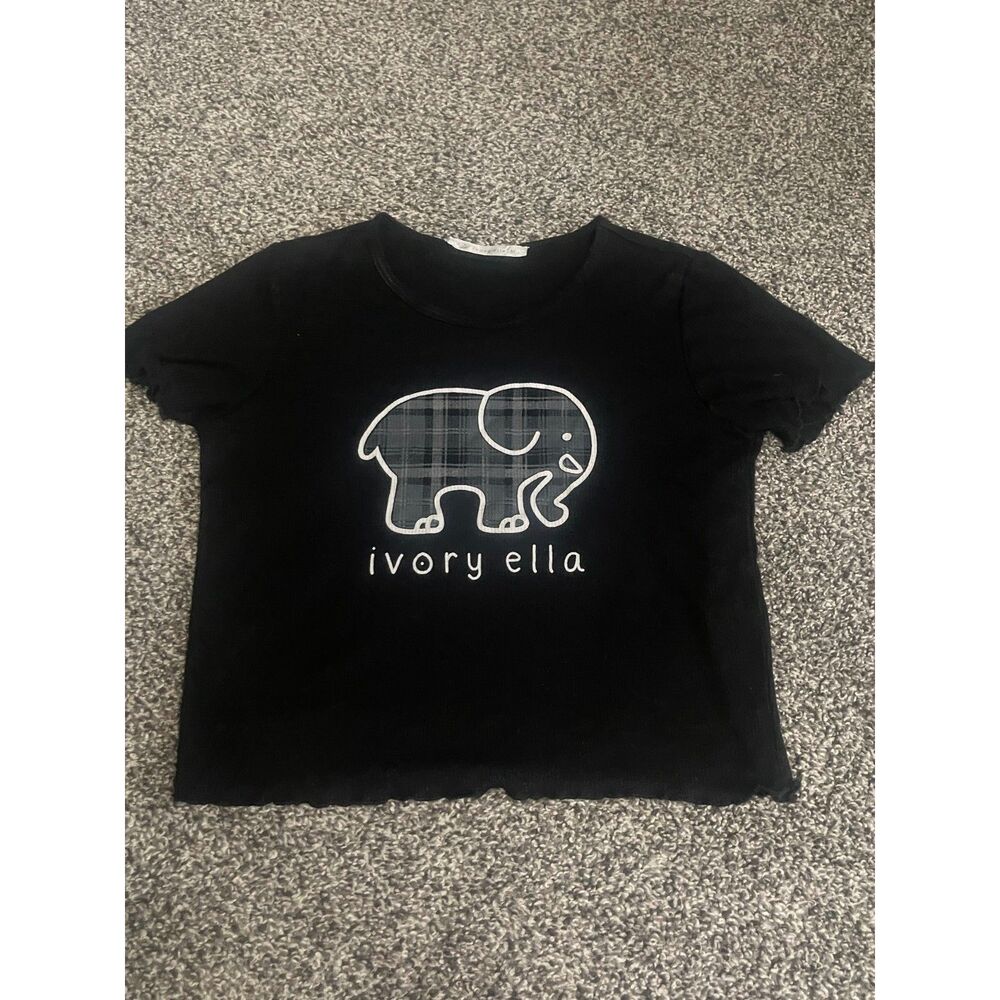 Ivory Ella black short-sleeve crop top with plaid elephant M